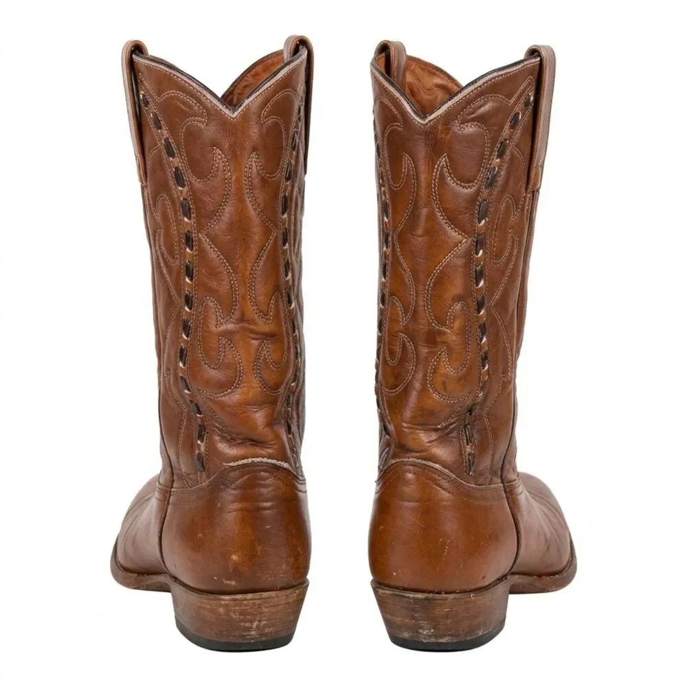 Vintage Durango West Brown Leather Cowboy Boots Mens 8 D 1970s Whipstitch Wester